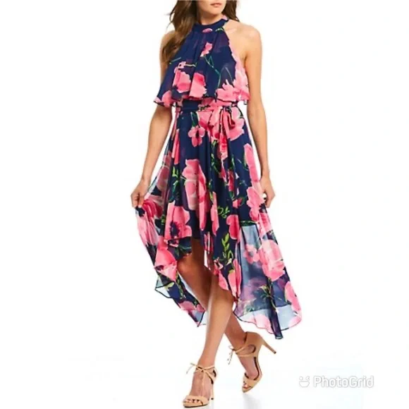 Eliza J Womens Floral Halter Midi Dress Navy 8
